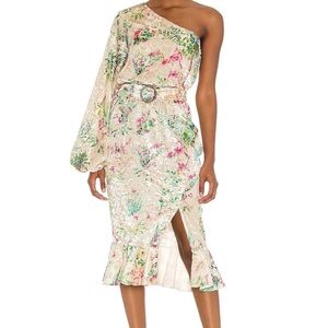 HEMANT & NANDITA One-Shoulder Dress in Cream and Pink Floral velvet